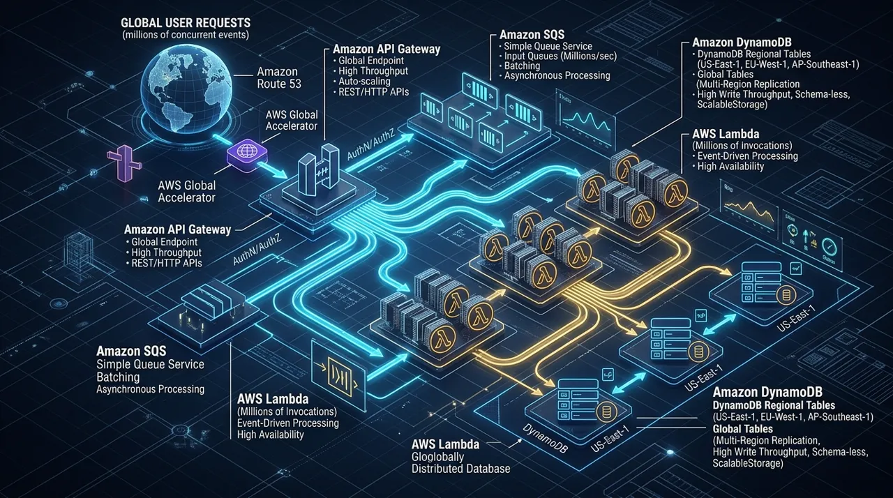 Diagrama técnico de arquitectura Serverless en AWS para alto volumen procesando millones de peticiones por segundo con Route 53, API Gateway, SQS FIFO, Lambda y DynamoDB Global Tables.