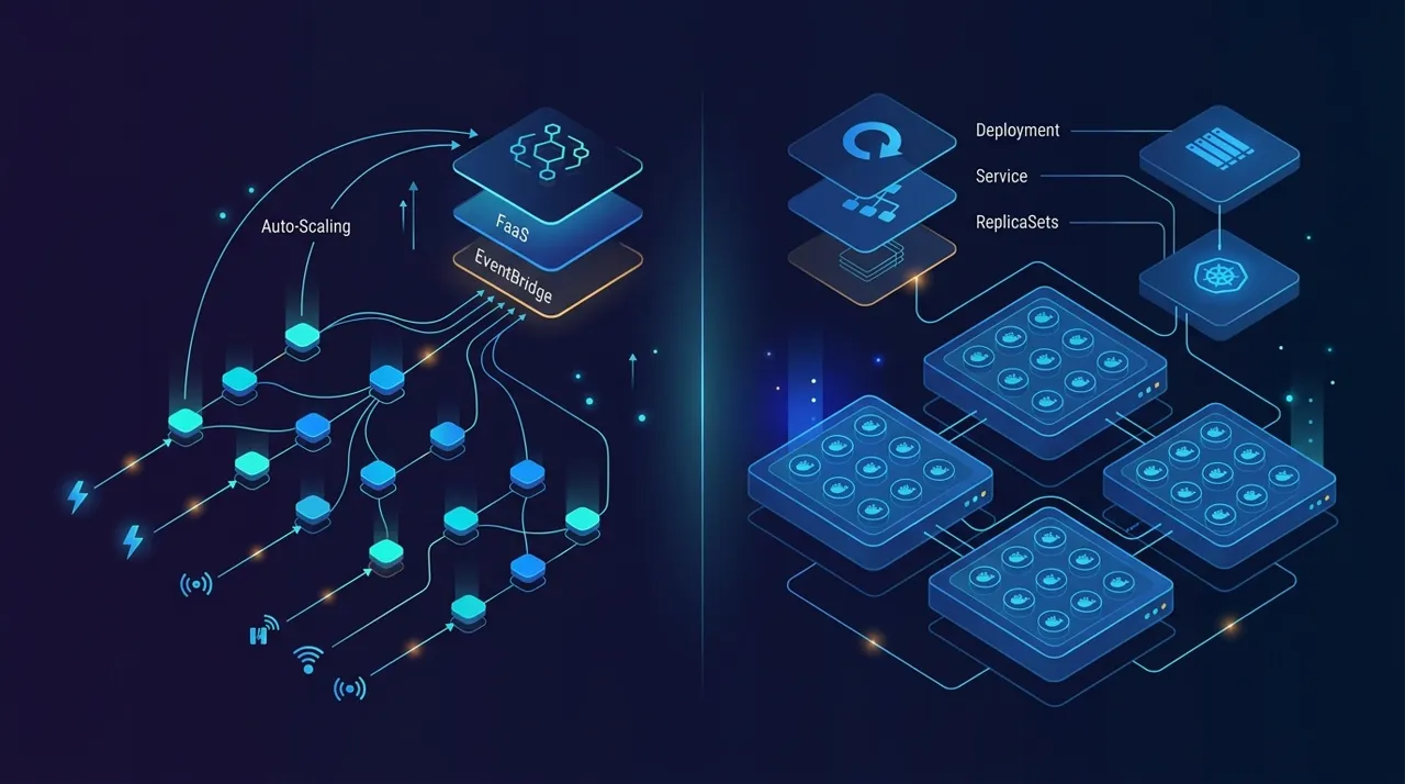 Diagrama arquitectónico comparativo entre infraestructura Serverless orientada a eventos con AWS Lambda y orquestación de microservicios con contenedores.
