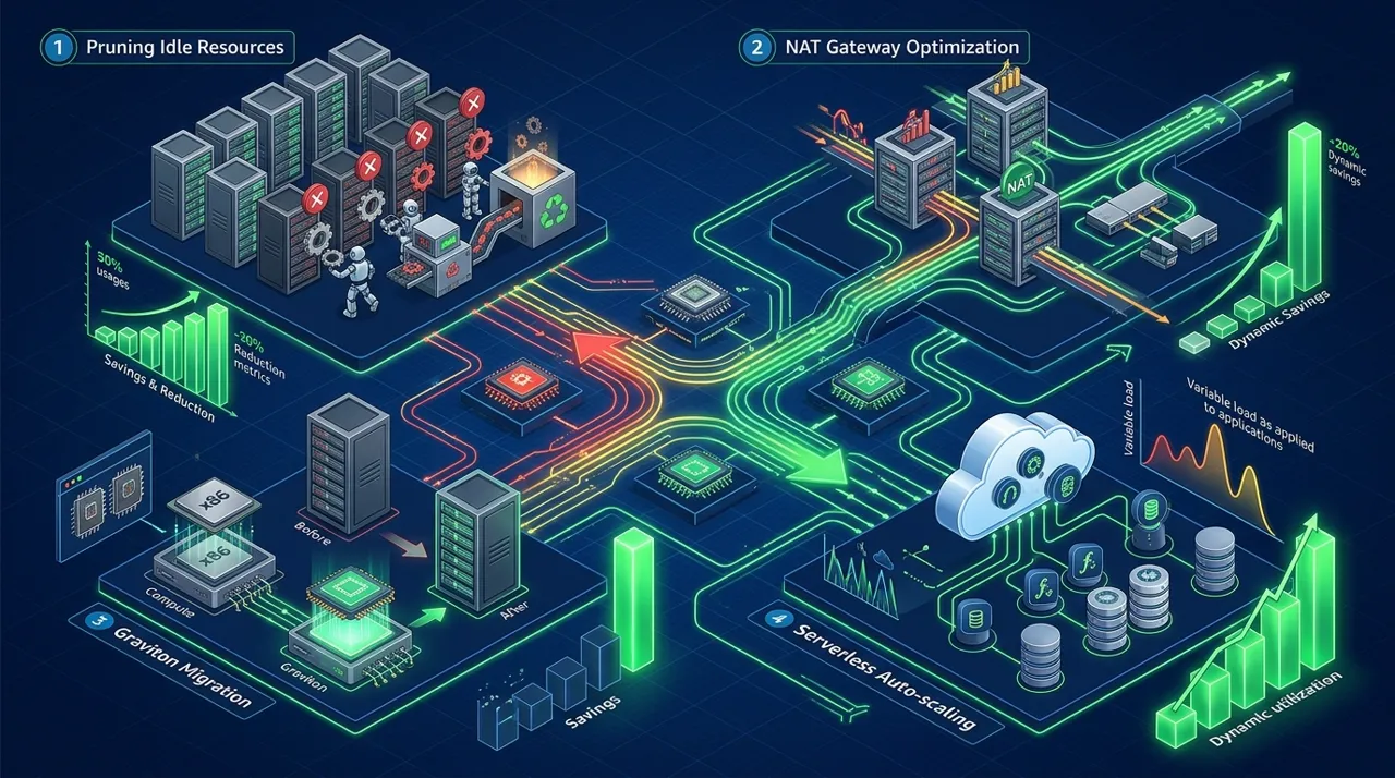 Diagrama arquitectónico de auditoría FinOps en AWS mostrando optimización de NAT Gateways, depuración de recursos huérfanos, migración a Graviton y ahorro Serverless.