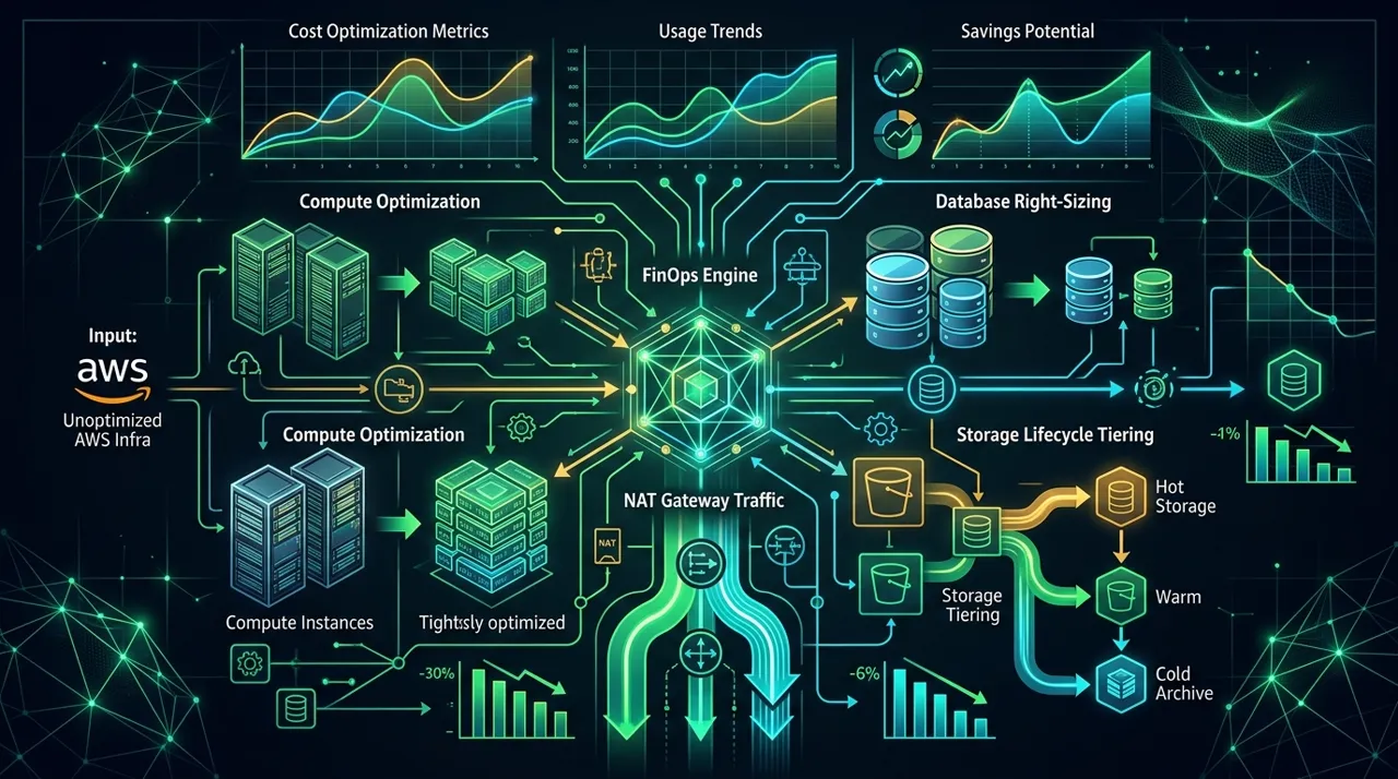 Cloud FinOps optimization dashboard and cloud architecture diagram illustrating AWS cost reduction across compute, VPC NAT gateways, and storage tiers.