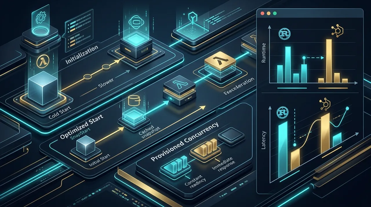 Diagrama técnico del ciclo de vida de AWS Lambda comparando la inicialización en frío con SnapStart, concurrencia aprovisionada y benchmarks de latencia entre Node.js y Rust.