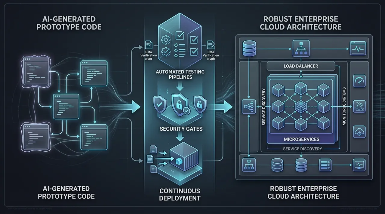 Diagrama arquitectónico del proceso de rescate técnico transformando código generado por IA con antipatrones en una arquitectura enterprise robusta con pruebas automatizadas y observabilidad.