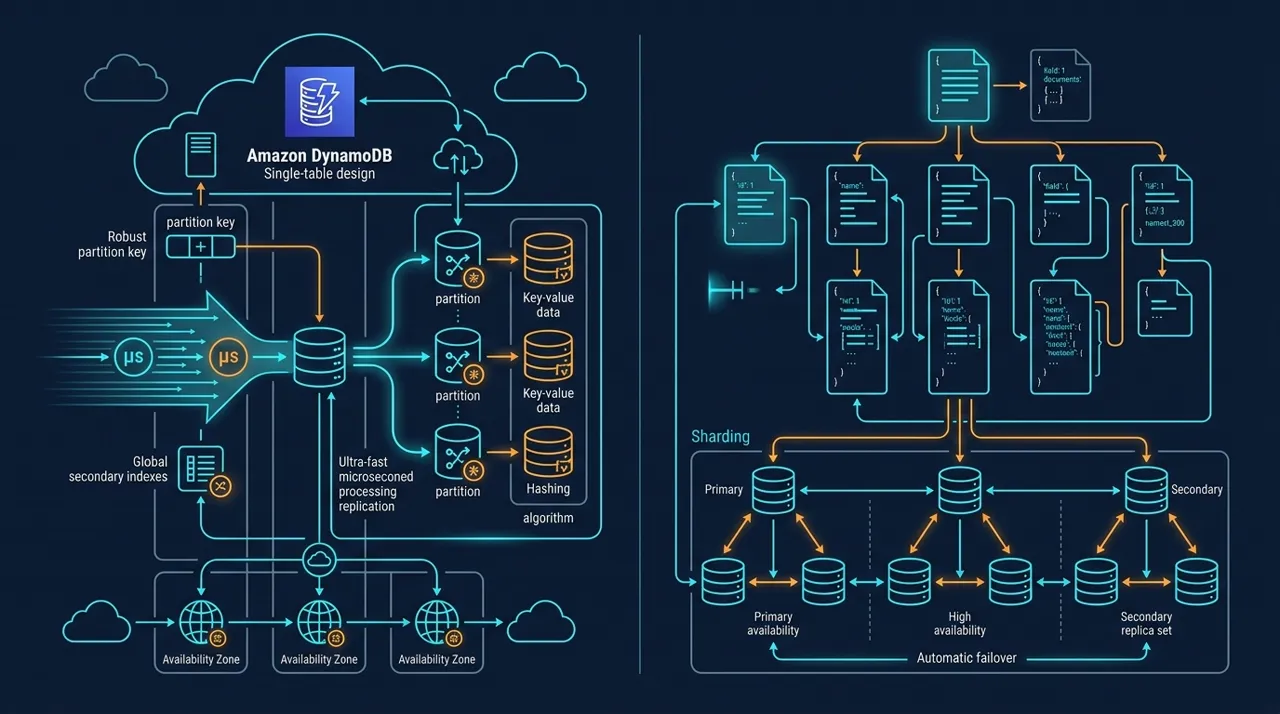 High-level NoSQL comparison diagram illustrating DynamoDB Single-Table Design access patterns versus MongoDB document collections and replica sets.