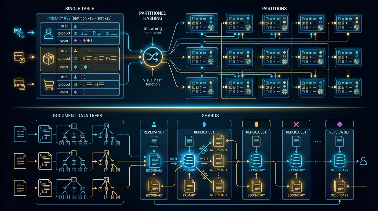 Diagrama técnico de arquitectura comparativa entre Amazon DynamoDB Single-Table Design y clústeres de MongoDB Atlas para aplicaciones de alto rendimiento.