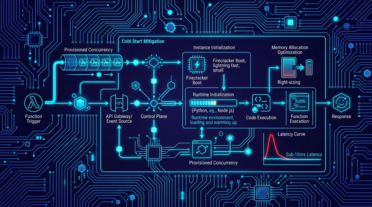 AWS Lambda cold starts optimization architecture blueprint showing Firecracker microVM initialization, Provisioned Concurrency, SnapStart, and bundle tree shaking.