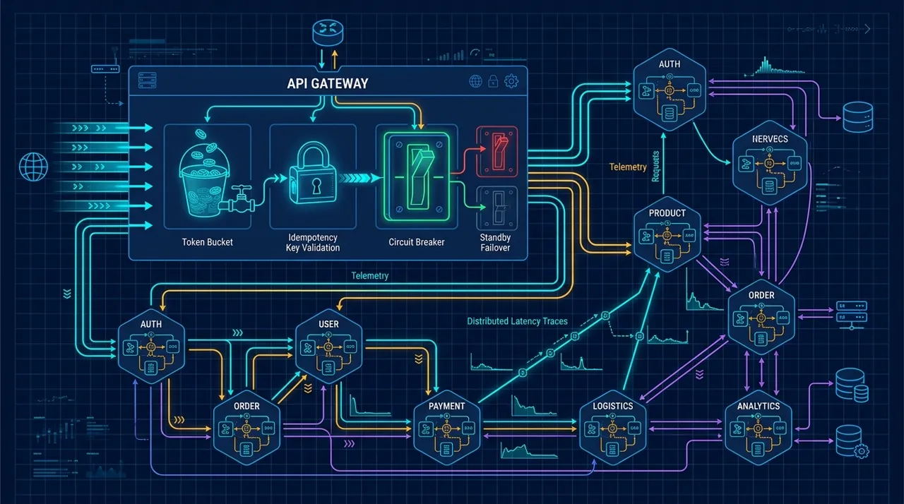 Enterprise REST API architecture blueprint showing token bucket rate limiting, idempotency locks, circuit breakers, and distributed tracing telemetry.