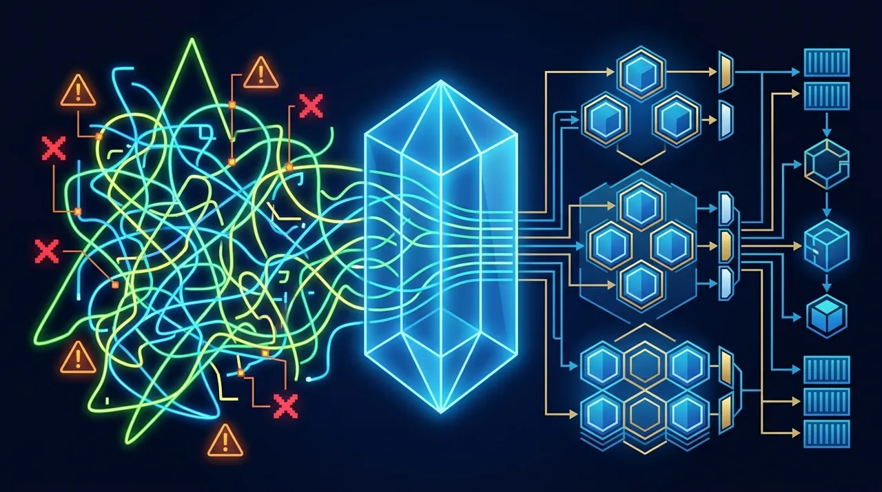 Software architecture diagram illustrating refactoring path from tangled AI-generated prototype code to hardened clean hexagonal cloud microservices.