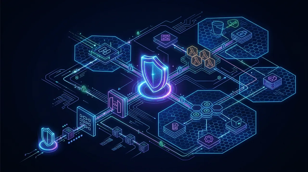 Diagrama de ciberseguridad para APIs Serverless mostrando reglas de AWS WAF, prevención de Denegación de Billetera, roles IAM de mínimo privilegio y validación en API Gateway.
