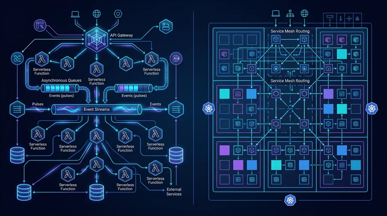 Cloud architecture blueprint contrasting event-driven AWS serverless services with containerized microservices orchestration on ECS and Kubernetes.