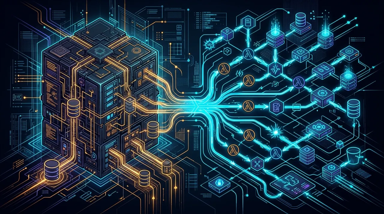 Strangler Fig pattern architecture blueprint illustrating zero-downtime migration from legacy monolith on VPS to AWS serverless event-driven architecture.